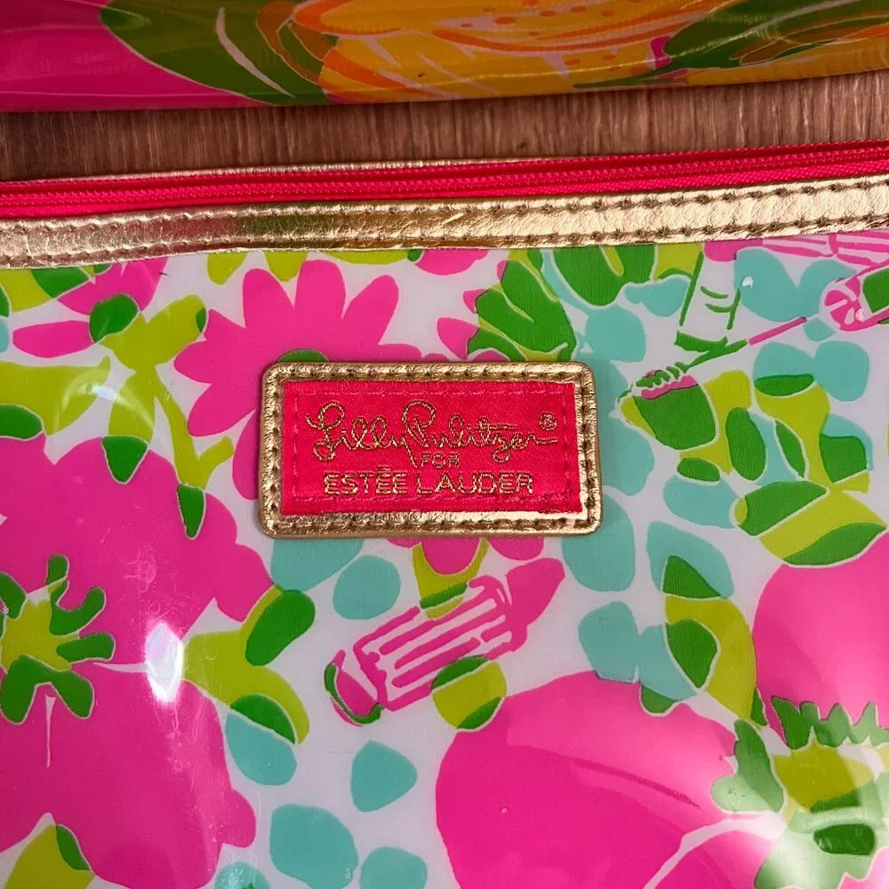 Lilly Pulitzer for Estee Lauder Pink Lemon Floral Makeup/Cosmetic Bag Bundle